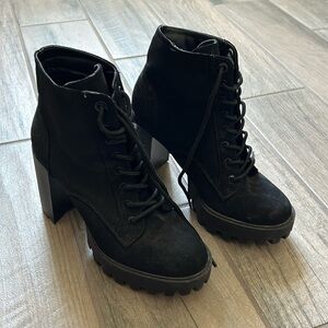 BAMBOO Black Lace-Up Chunky Heeled Ankle Boots